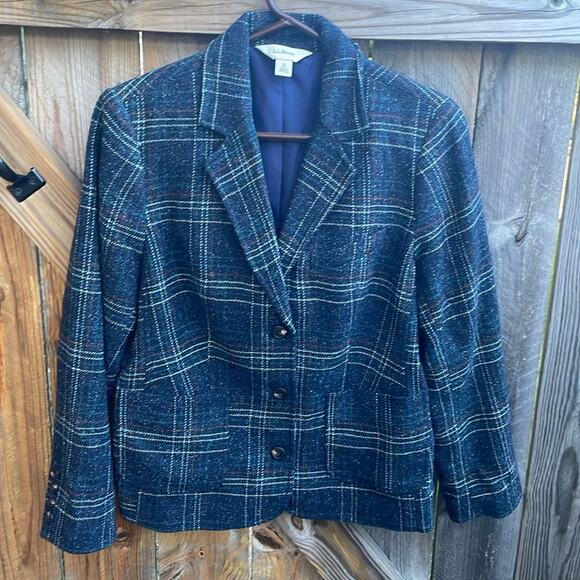 LL Bean Plaid Boxy Jacket Wool Blend Petite Medium - Picture 1 of 7